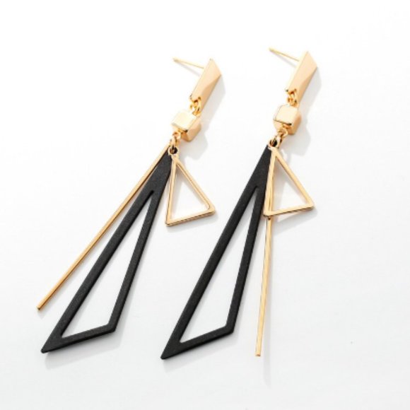 Gold And Black Long Statement Triangle Earrings - Picture 2 of 5